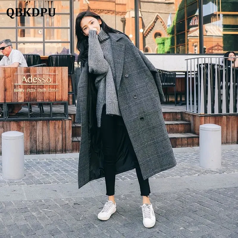 Top Trends: Vintage Plaid Striped Mid-Length Woolen Coat Women Winter Thicken Korean Loose Double Breasted Streetwear Wool Blend Overcoats Shoppable Styles