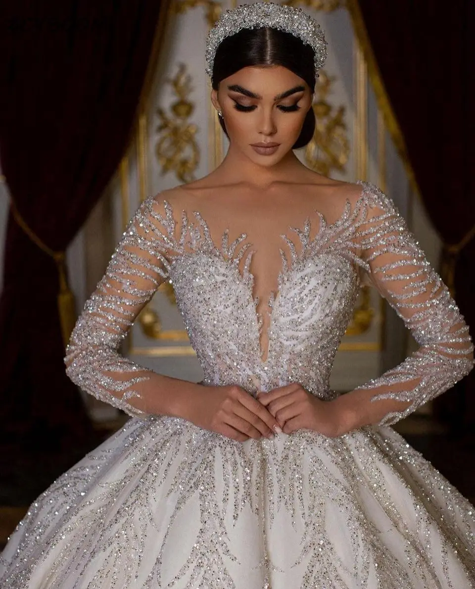 Top Trends: Luxury Glitter Sequined Illusion Long Sleeves Wedding Dresses 2024 Arabic Dubai Sweetheart Backless Ball Gown Women Bridal Gowns Shoppable Styles