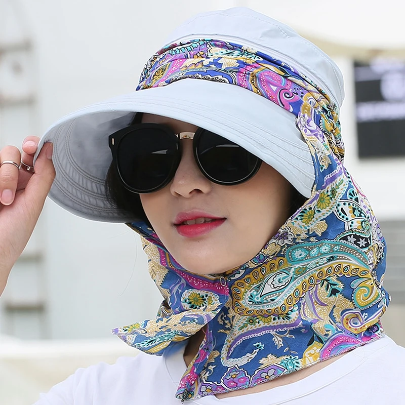 Top Trends: Women Anti-UV Sun Hat Beach Foldable Sunscreen Floral Print Caps Neck Face Care Wide Brim Hat New Summer Outdoor Riding Shoppable Styles