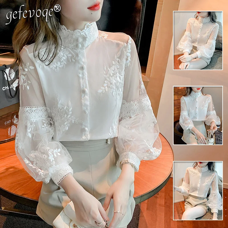 Top Trends: Elegant Sweet Lace Patchwork Solid Chiffon Shirts Spring Summer 2022 Stand Collar Long Lantern Sleeve Cardigan Women's Clothing Shoppable Styles