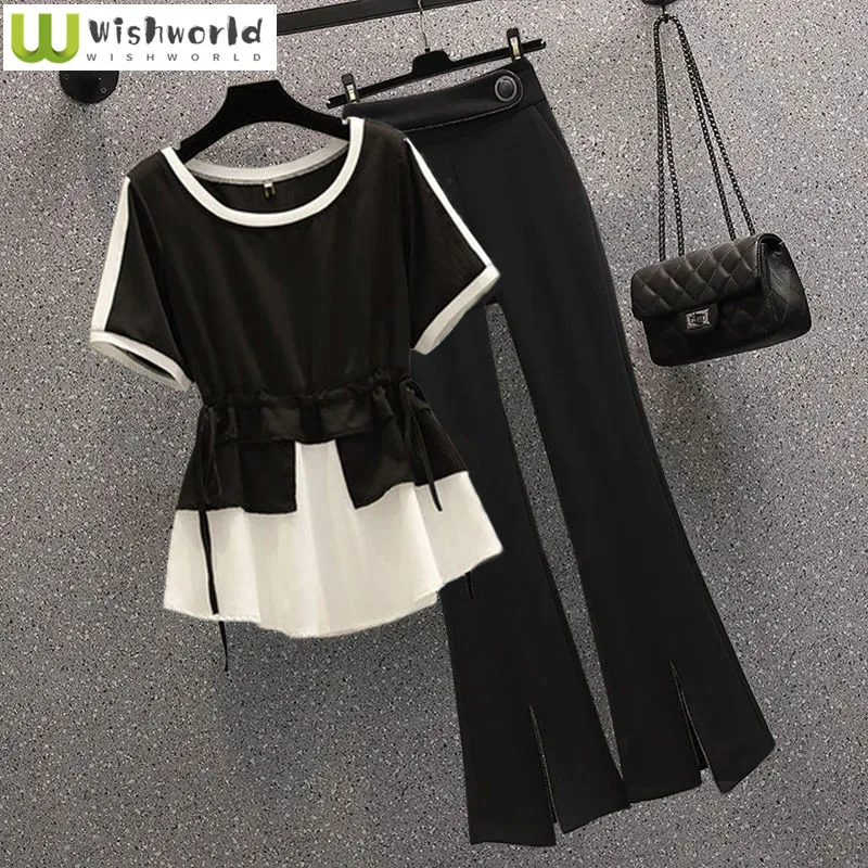 Top Trends: 2023 Summer New Elegant Women's Pants Set Fashion Stitching Chiffon Shirt Wide Leg Pants Two-piece Set Female Blazer Blouse Shoppable Styles