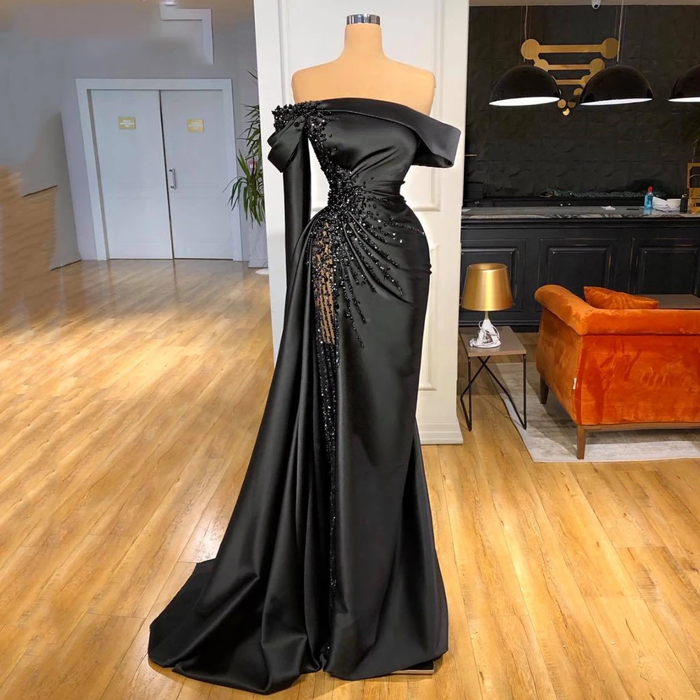 Top Trends: Lily Off-shoulder Black Pageant Party Gown Luxury Pearls Evening Dress Formal Mermaid Sexy Prom Dress Custom Abiti Da Cerimonia Shoppable Styles