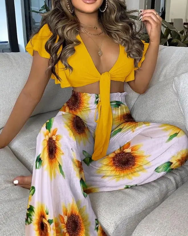 Top Trends: Tow Piece Set For Women Outfit 2023 Summer Fashion Plain Ruffles Tie Front V-Neck Short Sleeve Top &amp; Sunflower Print Pants Set Shoppable Styles