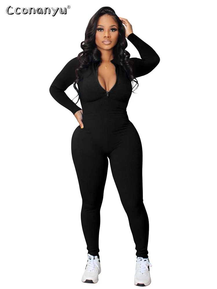 Top Trends: Jumpsuits For Women 2022 Winter Zipper Solid Long Sleeves Elegant White Black Skinny Streetwear Casual Rompers Sportswear Shoppable Styles