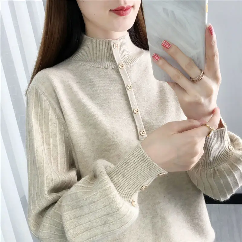 Top Trends: Fashion Loose Spliced Button Knitted Lantern Sleeve Sweaters Women's Clothing 2022 Autumn New Casual Pullovers All-match Tops Shoppable Styles