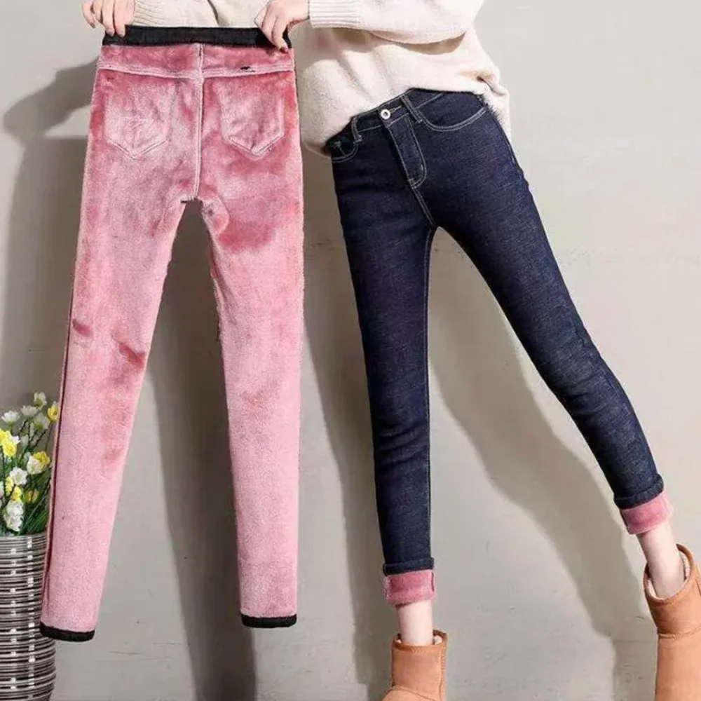 Top Trends: Winter Women Thermal Jeans Snow Warm Plush Stretch Jeans Lady Skinny Thicken Fleece Denim Long Pants Retro Thick Pencil Trousers Shoppable Styles