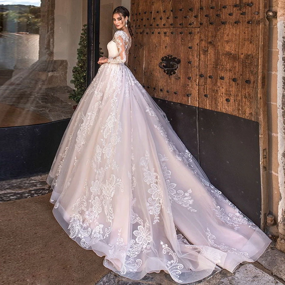 Top Trends: Exquisite Lace Appliques Ball Gown Long Sleeves Wedding Dress 2023 Illusion Buttons Back Court Train Bride Gown Vestido De Noiva Shoppable Styles - Image 2