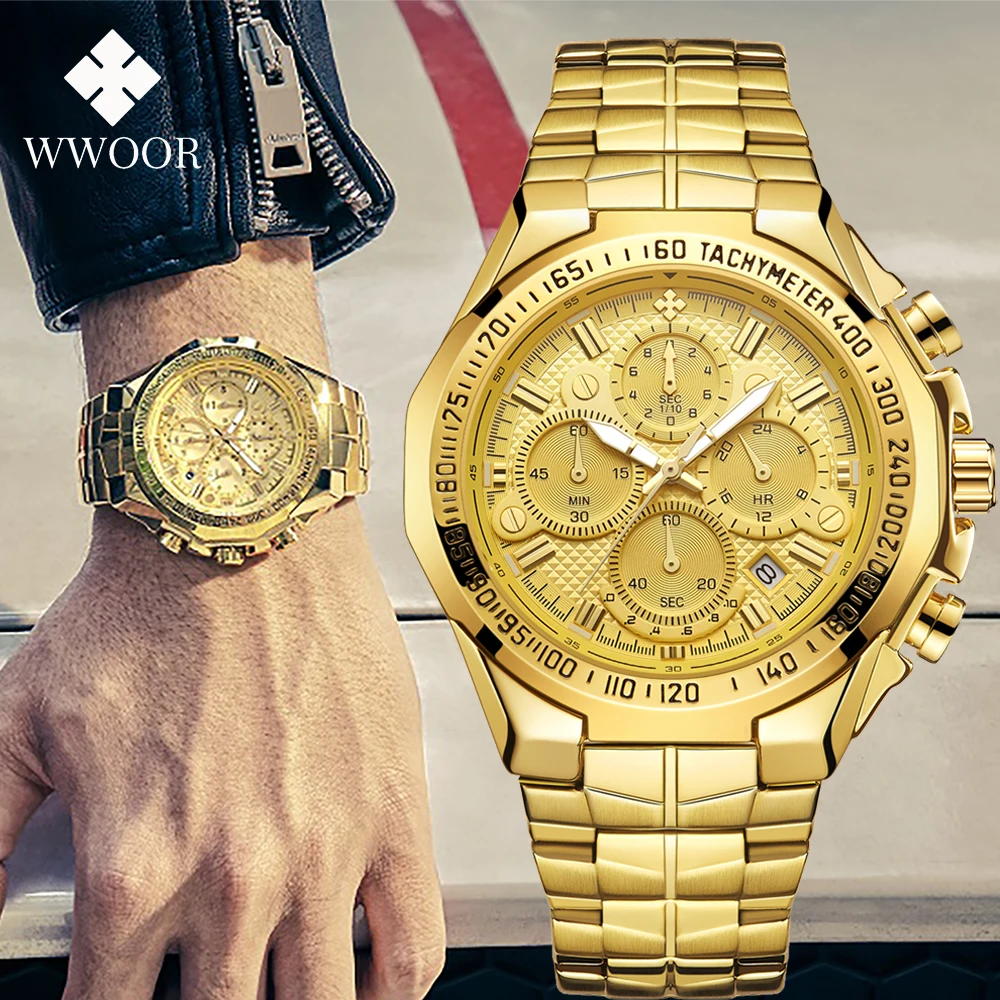 Top Trends: WWOOR Luxury Brand Gold Watches For Mens Waterproof Quartz Sports Wrist Watches Fashion Chronograph Male Clock Relogio Masculino Shoppable Styles