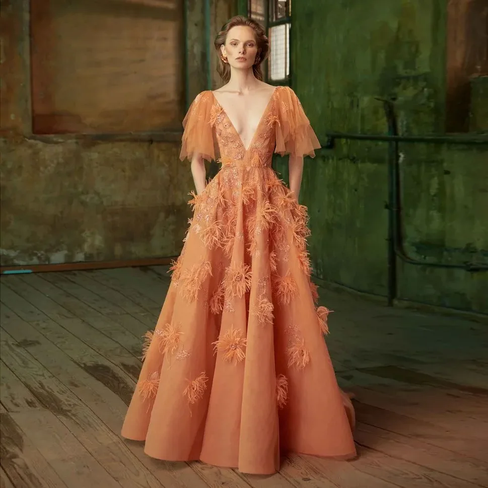 Top Trends: Elegant Burn Orange Formal Occasion Dresses 2023 Couture Feathers Beaded Organza Prom Gown Long Dubai Arabic Evening Party Dress Shoppable Styles