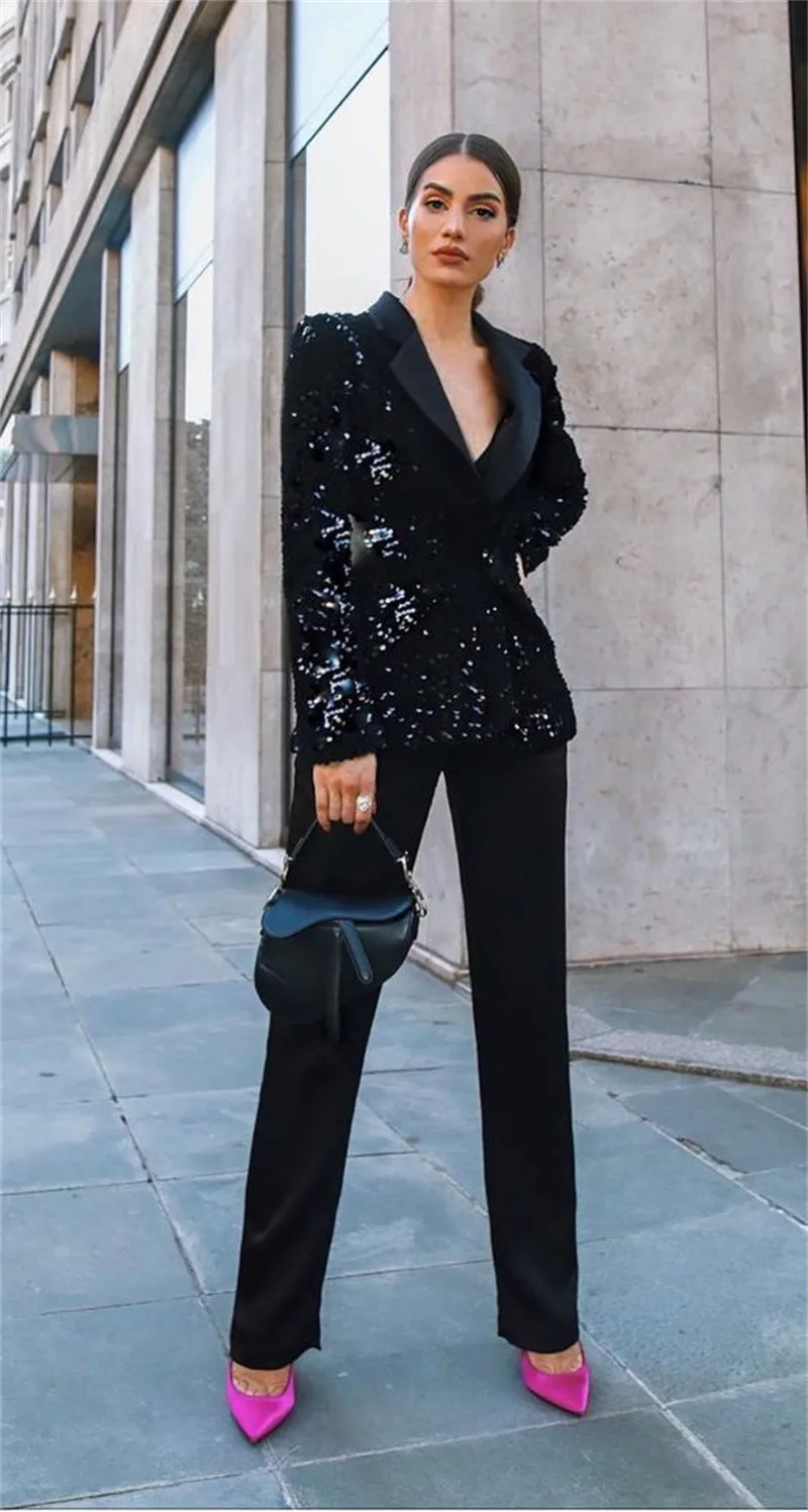 Top Trends: Black Sequins Women Suits For Wedding 2 Pieces Sparkling Blazer Straight Pants Designer Prom Dress Custom Made Costume Femme Shoppable Styles