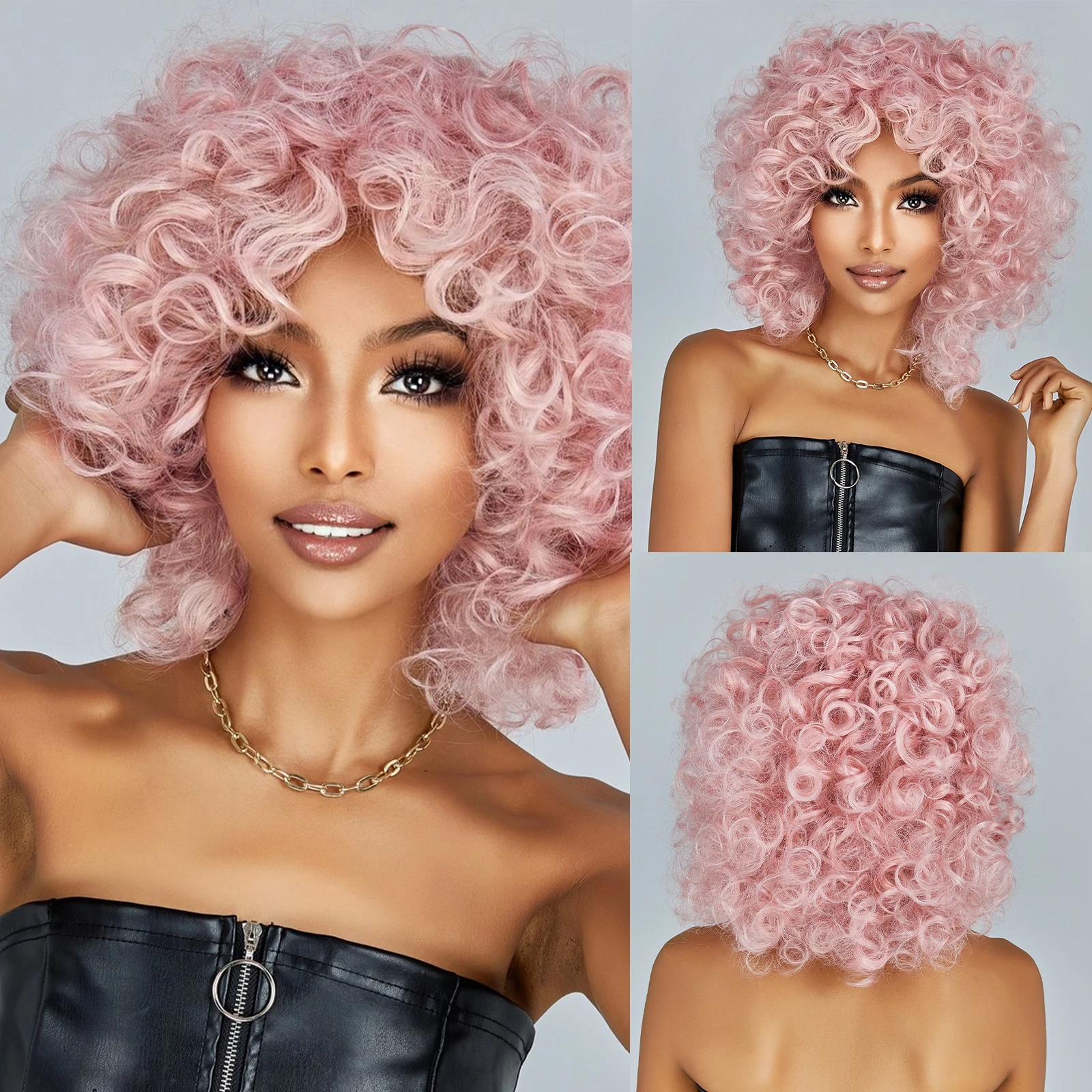 Top Trends: Pink Curly Synthetic Wigs For Black Women Short Kinky Curly Wig With Bangs Heat Resistant Hair Wig Halloween Cosplay Party Wigs Shoppable Styles