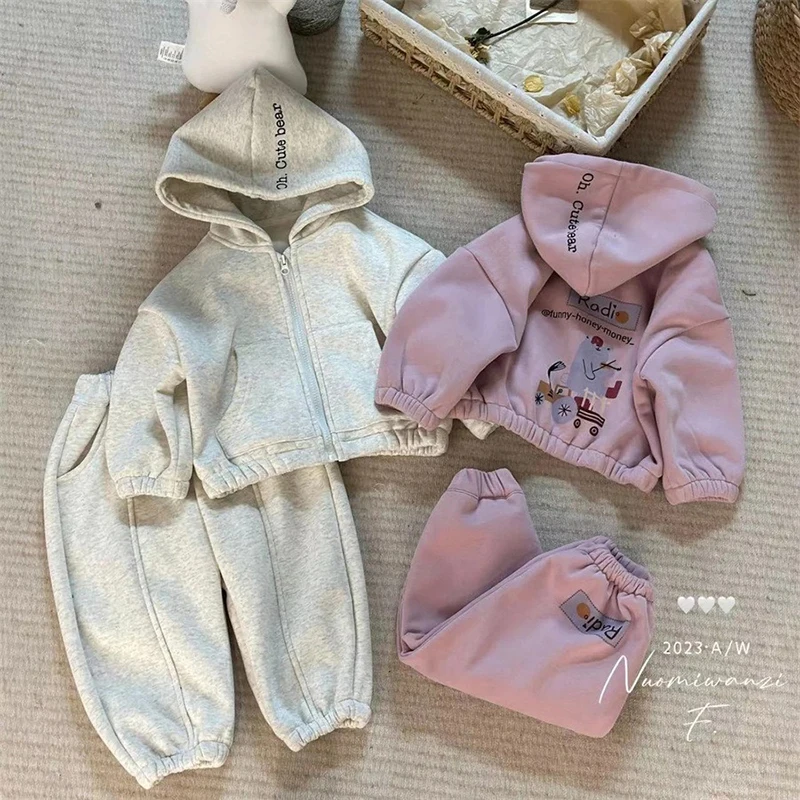 Top Trends: Children's Fleece Suit Tracksuit Set For Boy Girl Baby Clothes Fall Sweatshirt Cartoon Bear Print Zipper Hoodie Pants Sportwear Shoppable Styles - Image 3