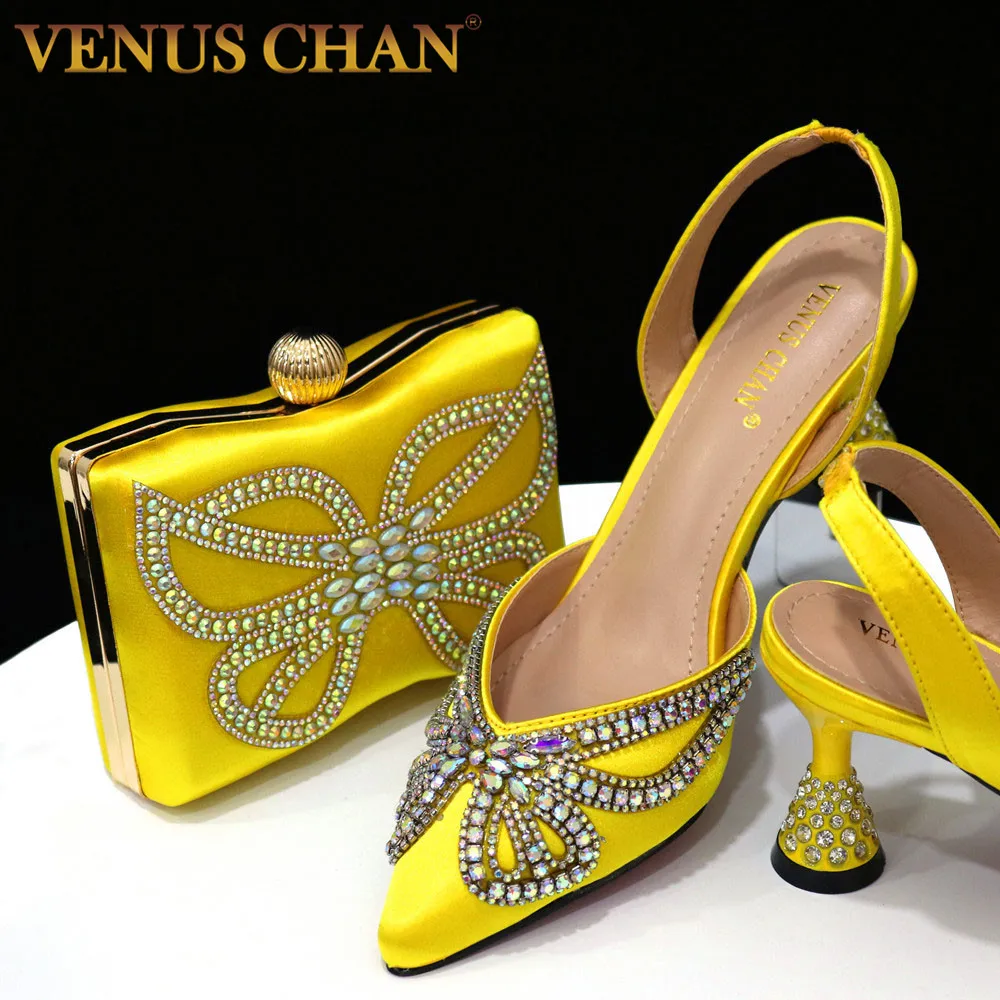 Top Trends: Venus Chan 2023 Yellow Classy Bowknot Pointed Toe Women&#039;s Shoes High Heel Elegant Sandals Shallow Mouth Shoes Bag Set Women Shoppable Styles