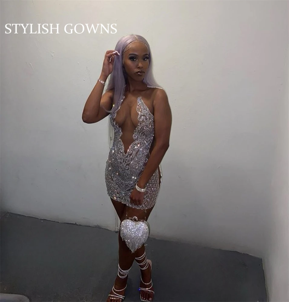 Top Trends: Silver O Neck Short Prom Dresses For Black Girls Beaded Crystal Birthday Party Dress Mermaid Mini Cocktail Homecoming Shoppable Styles