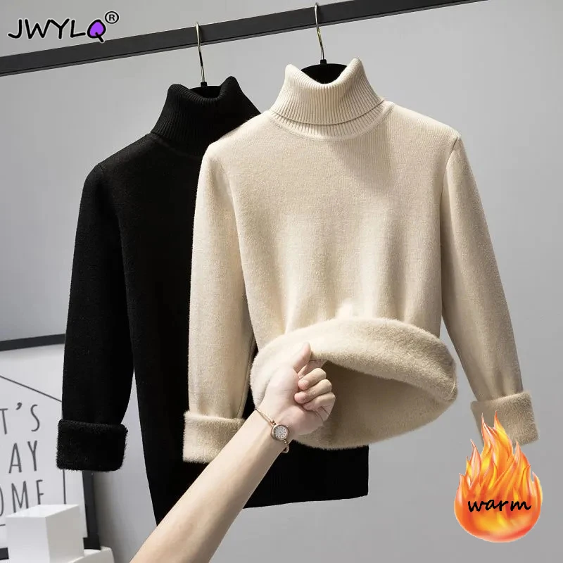 Top Trends: New Winter Thicken Turtleneck Sweater Women Oversized Plus Velvet Sueter Warm Knit Tops Lined Slim Soft Basic Knitwears Pullover Shoppable Styles