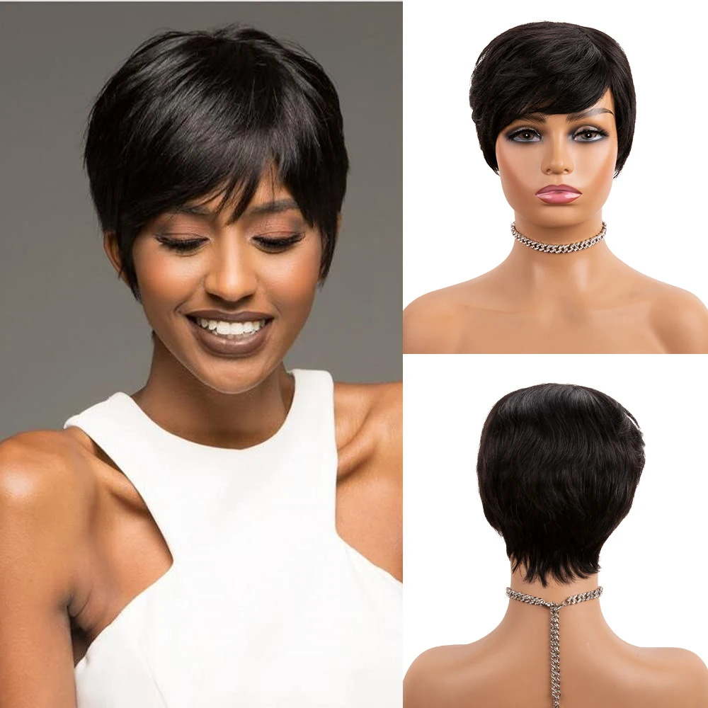 Top Trends: Natural Color Short Bob Straight Human Wigs With Bangs Brazilian Virgin Hair Pixie Cut Wig Cheap Human Hair Wig For Black Women Shoppable Styles