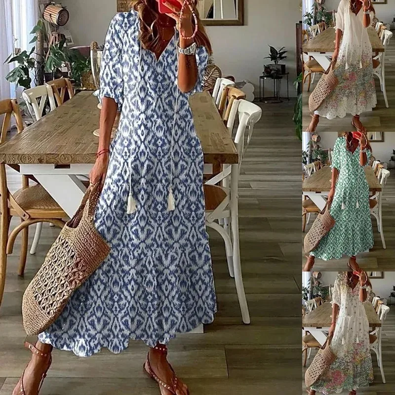 Top Trends: Summer Loose Long Dress Women Casual V Neck Half Sleeve Floral Dress Female New Bohemian Drawstring Holiday Beach Dress Vestidos Shoppable Styles