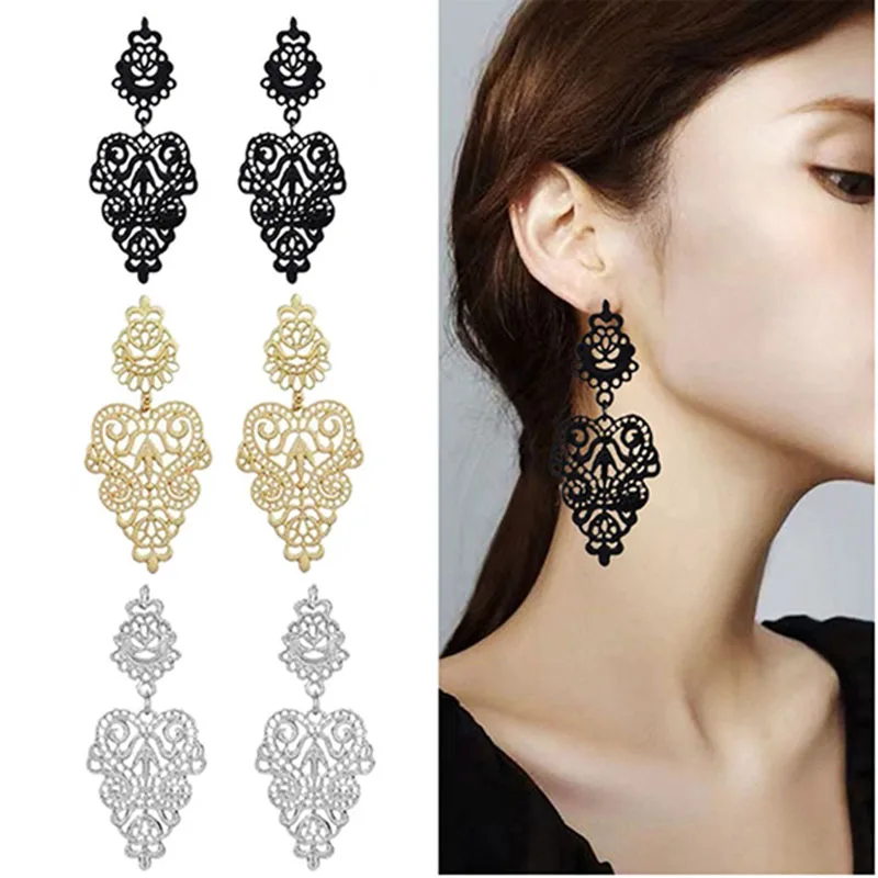 Top Trends: Bohemian Black Carved Flower Drop Earrings For Women Earing Jewelry Gold Red Silver Color Women's Leaf Earrings 2023 New Trendy Shoppable Styles