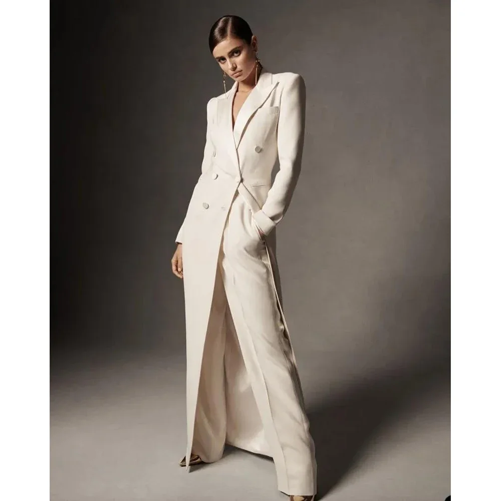 Top Trends: White Double Breasted Long Blazer Women Suits Set Elegant Designer Wide Leg Pants 2 Pieces (Jacket+ Pants)Set Shoppable Styles