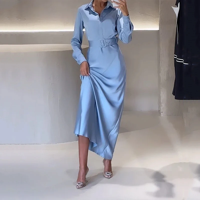 Top Trends: Ellafads Women Maxi Dress Autumn Fashion Office Solid Lapel Long Sleeve Nipped Waist With Belt Formal Occasion Dresses Shoppable Styles