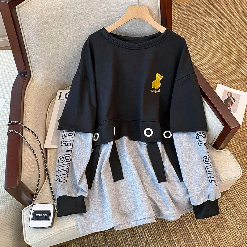 Top Trends: New Spring Fashion Design Sense Small And Fake Two Piece Spliced Round Neck Loose Large Size Versatile Slim Long Sleeve Sweater Shoppable Styles