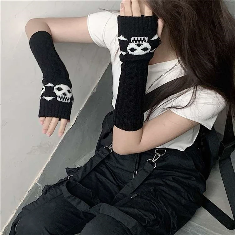 Top Trends: Goth Long Fingerless Arm Sleeve Gloves Arm Warmers Black Skull Gloves Women Knitting Warm Gloves Punk EMO Fashion Y2K Mittens Shoppable Styles