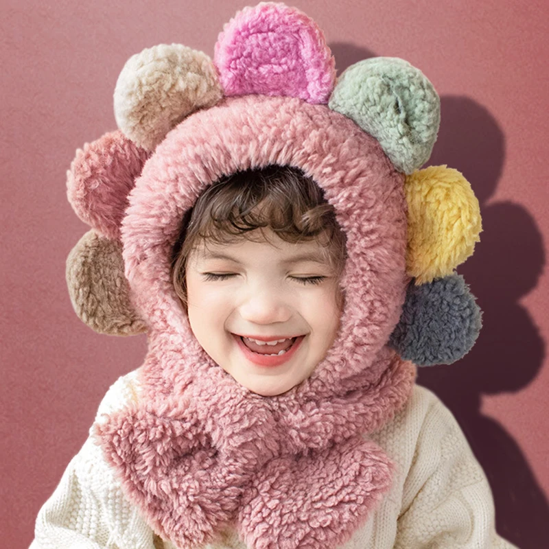 Top Trends: Childres Plush Flower Hats Scarves Integrated Ear Protection Neck Warmer Baby Lace Up Scarf Soft Thicken Windproof Pullover Cap Shoppable Styles