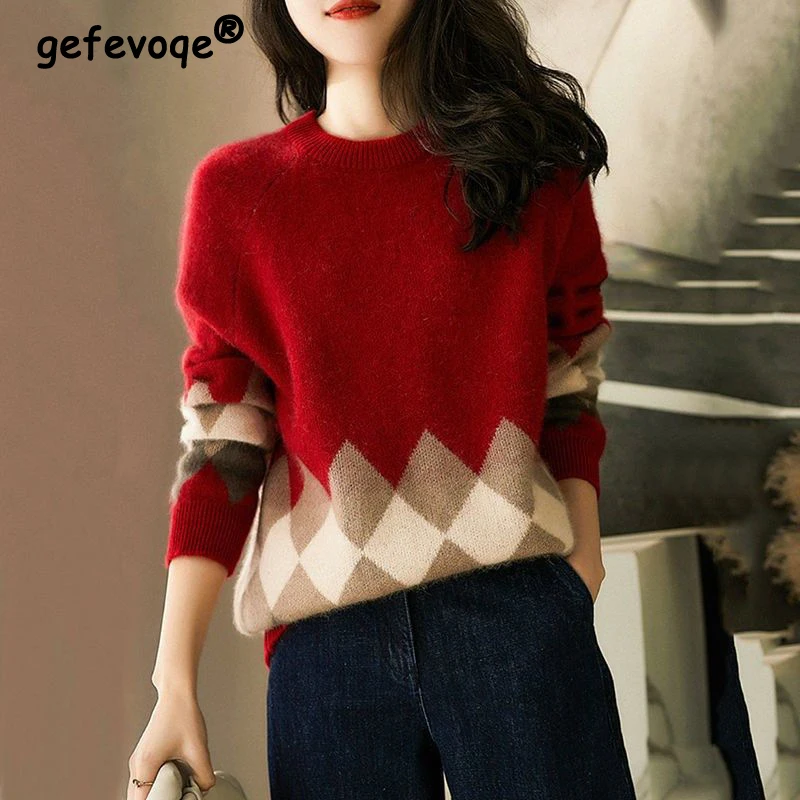 Top Trends: Autumn Winter Round Neck Vintage Diamond Patchwork Sweater Loose Casual Jumper Women Elegant Fashion All-match Knitting Pullover Shoppable Styles