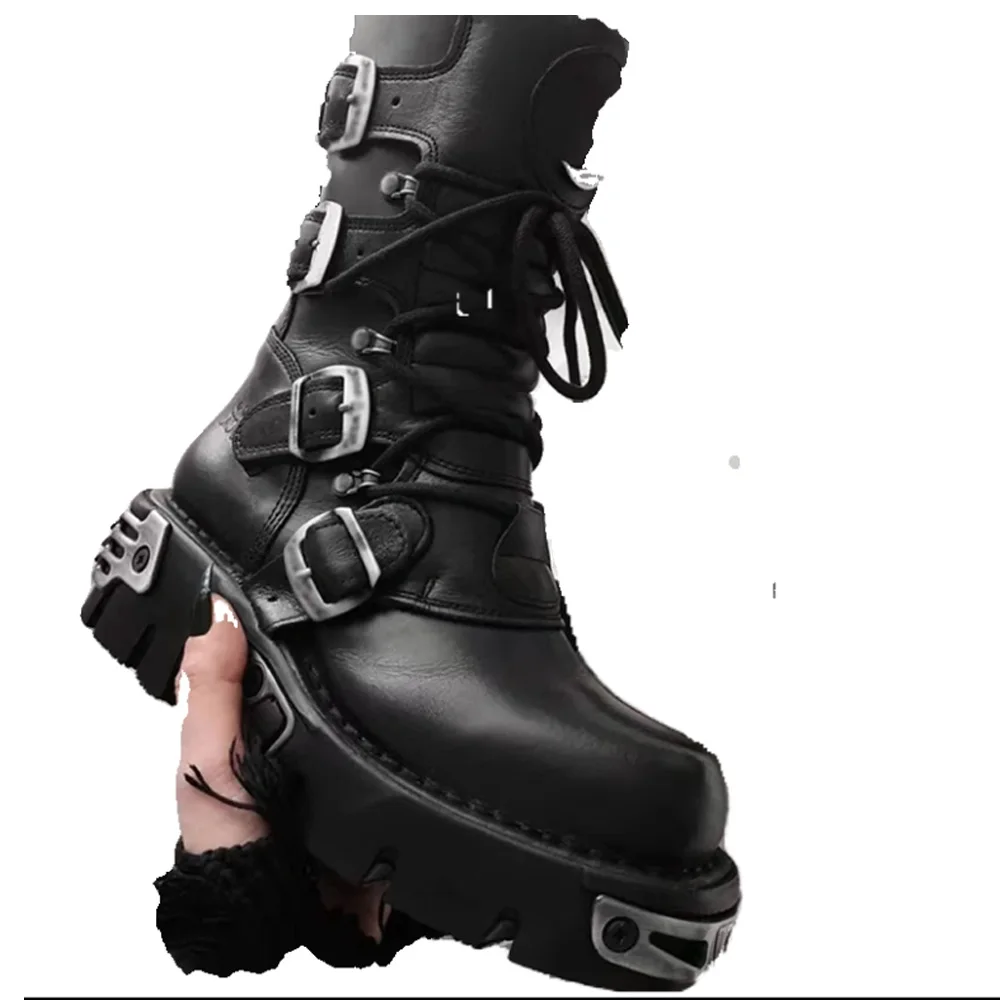 Top Trends: Men's Fashion Genuine Leather Motorcycle Boots Gothic Skull Punk Boots New Unisex Mid-calf Cowboy Boots Metallic Combat Boots48 Shoppable Styles - Image 4