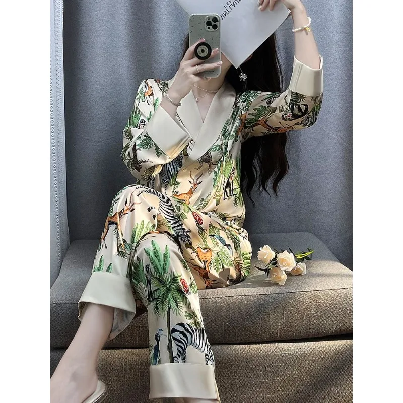 Top Trends: Large Size Light Luxury High-grade Ice Silk Pajamas Women Long Sleeve Spring And Autumn Set New Home Clothing Printed Animal Shoppable Styles