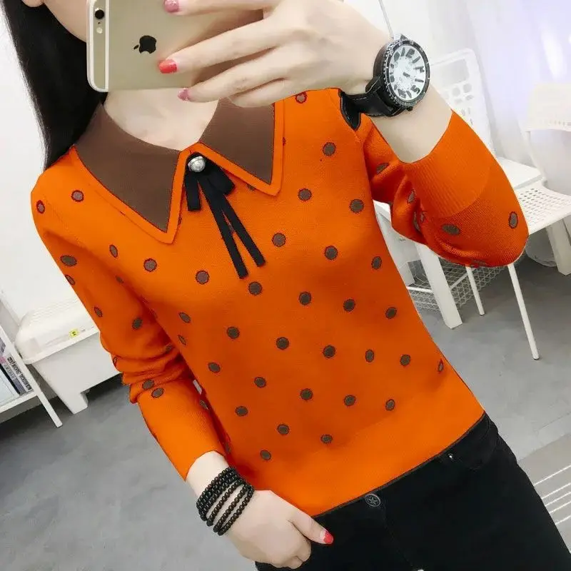 Top Trends: Elegant Knitted Polka Dot Beading Bow Sweaters Women's Clothing 2023 Autumn Winter Loose All-match Pullovers Office Lady Tops Shoppable Styles