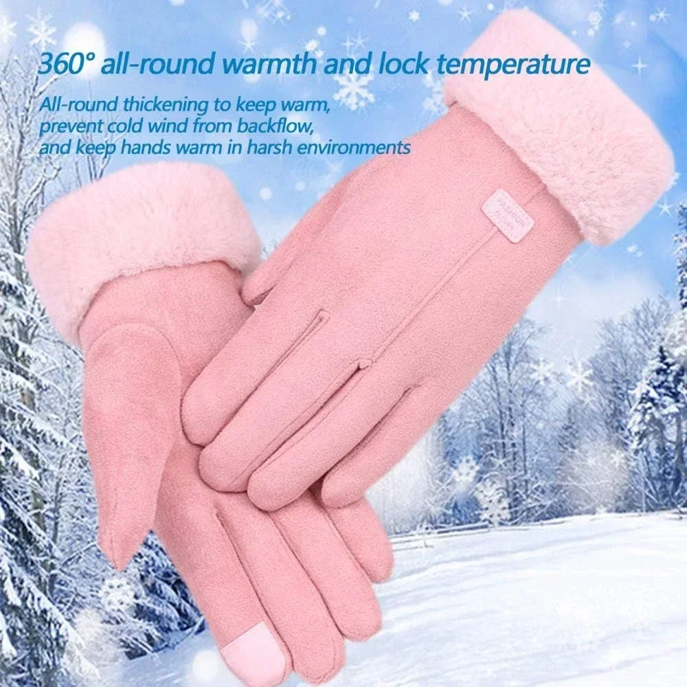 Top Trends: Women's Winter Cashmere Warm Suede Leather Cycling Mittens Double Thick Velvet Plush Wrist Women Touchscreen Driving Gloves Shoppable Styles - Image 6