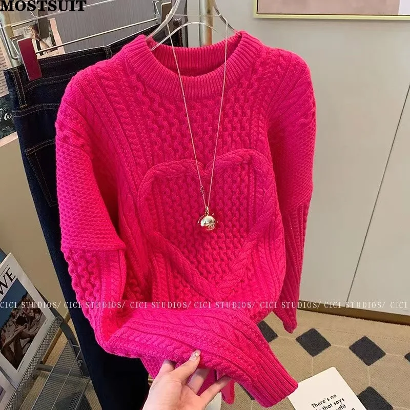 Top Trends: Rose Red Twisted Knit Sweater Women Stylish Vintage Fashion Loose Pullover Jumpers Long Sleeve O-neck Korean Streetwear Knitwear Shoppable Styles