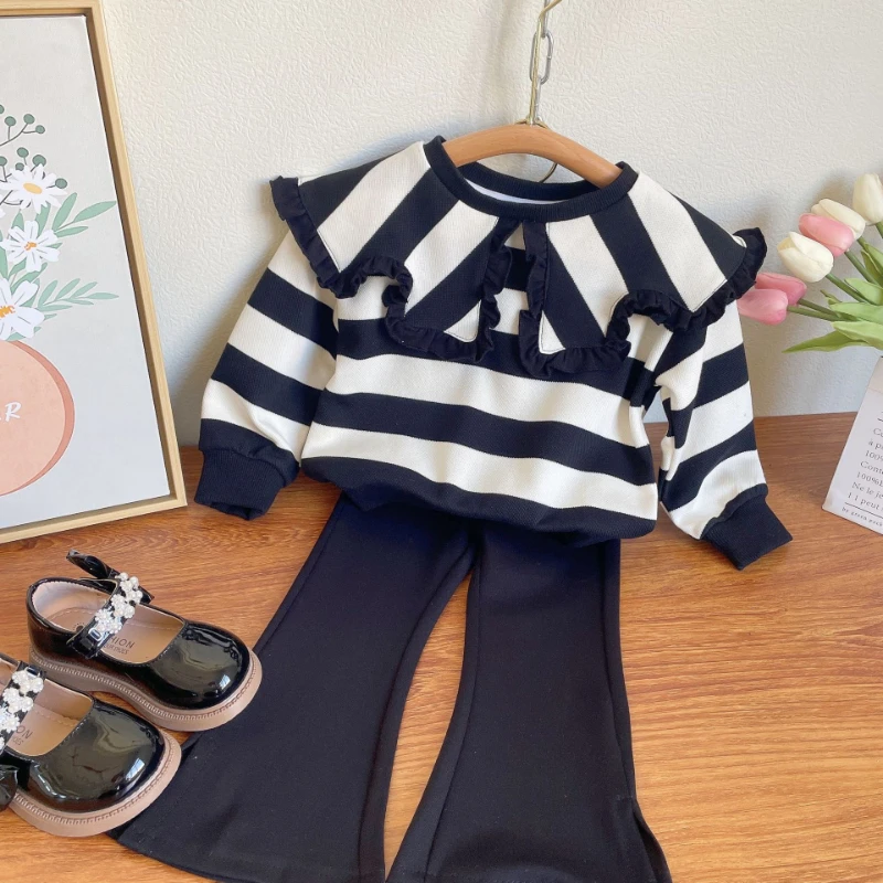 Top Trends: Girls Clothing Sets Autumn Spring Korean Fashion Outfits Striped Lapel Tops + Flared Pants 2Pcs Clothing Sets Girls Casual Suits Shoppable Styles