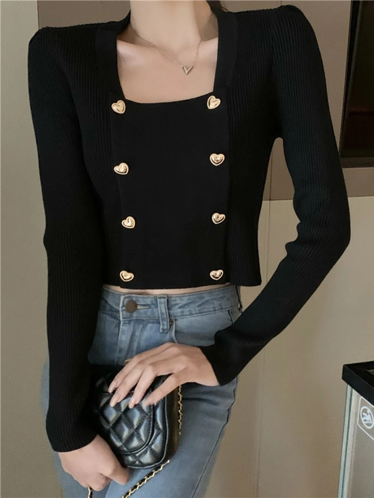 Top Trends: Short Square Collar Crop Top Knitted Sweater Women Korean Clothes Love Button Long Sleeve Sweaters 2022 Autumn Winter Pullover Shoppable Styles