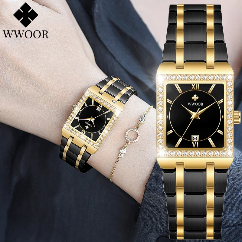 Top Trends: WWOOR Reloj New Fashion Ladies Diamond Watch Top Brand Luxury Square Wrist Watch Simple Women Dress Small Watch Relogio Feminino Shoppable Styles