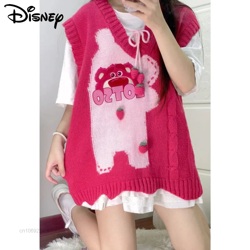 Top Trends: Disney Cartoon Lotso Knitted Vest College Style Y2k New Fashion Tank Top Women Sleeveless Sweaters Pullovers Aesthetic Clothes Shoppable Styles