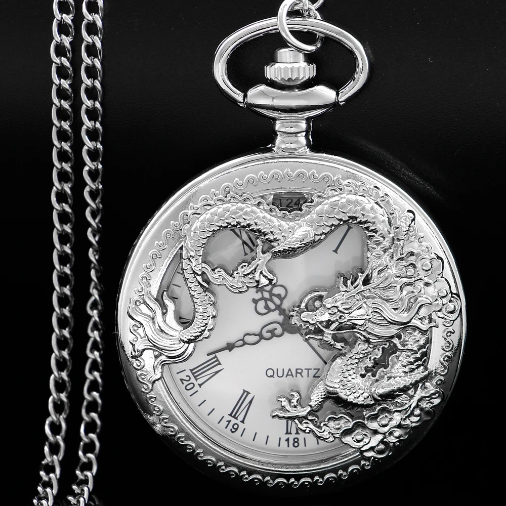 Top Trends: New Silver Flying Dragon Zodiac Dragon Quartz Pocket Watch Vintage Men&#039;s Necklace Pendant Clock Women&#039;s Jewelry Accessories Gift Shoppable Styles