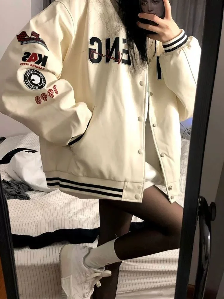 Top Trends: HOUZHOU Y2K Retro Beige Bomber Jackets Women Kpop Harajuku Korean Fashion Letter Oversize Baseball Jacket Female Vintage College Shoppable Styles