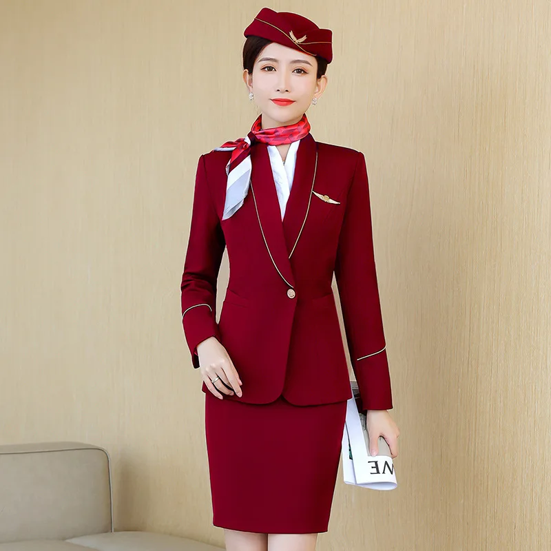 Top Trends: IZICFLY New Style Fall Outfits Women Suits Office Sets With Skirt Business Airline Stewardess Elegant Formal Work Wear Red Shoppable Styles