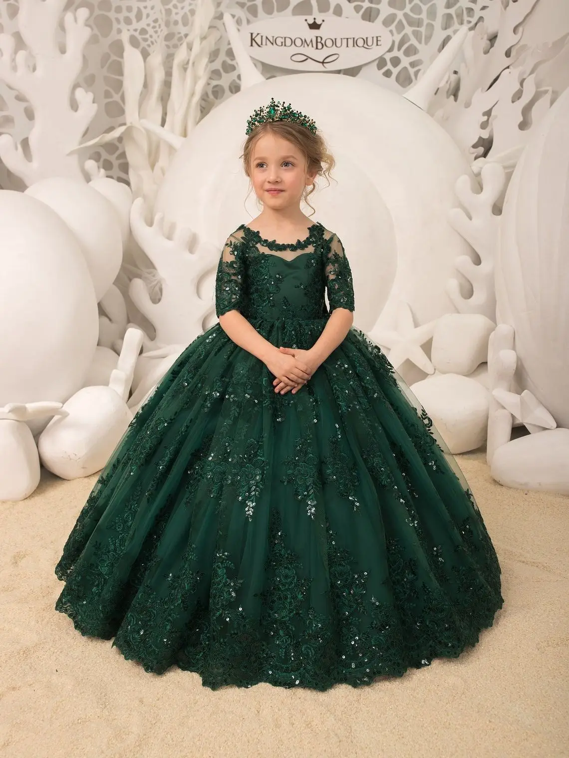 Top Trends: Emerald Green Lace Tulle Half Sleeve Flower Girl Dresses Appliues Back Big Bow Sequined Bown Gown Kids Party Dress Shoppable Styles