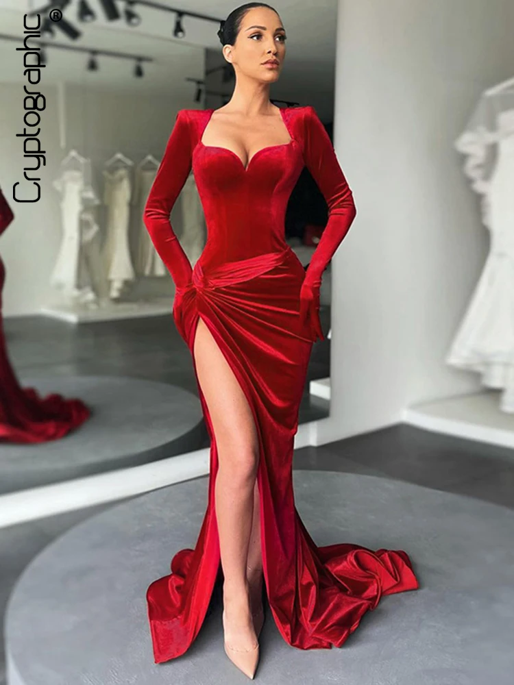 Top Trends: Cryptographic Elegant Gown Long Dress Evening Club Outfits For Women Gloves Sleeve Velvet Sexy Slit Maxi Dresses Ruched Dresses Shoppable Styles