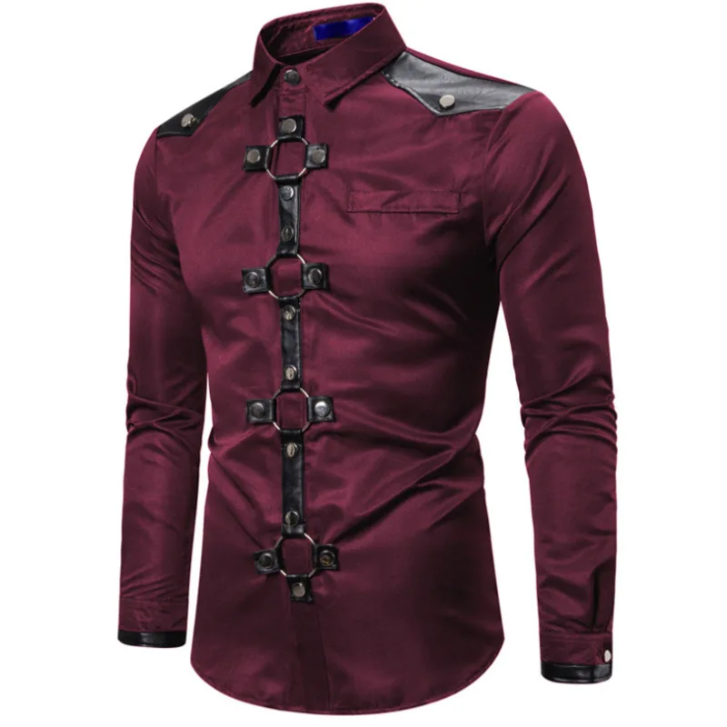 Top Trends: #4753 Streetwear Shirt Men Long Sleeve Gothic Style Rivet Solid Color Men's Shirt Slim Party Singer Stage Shirt Man Black Red Shoppable Styles - Image 5