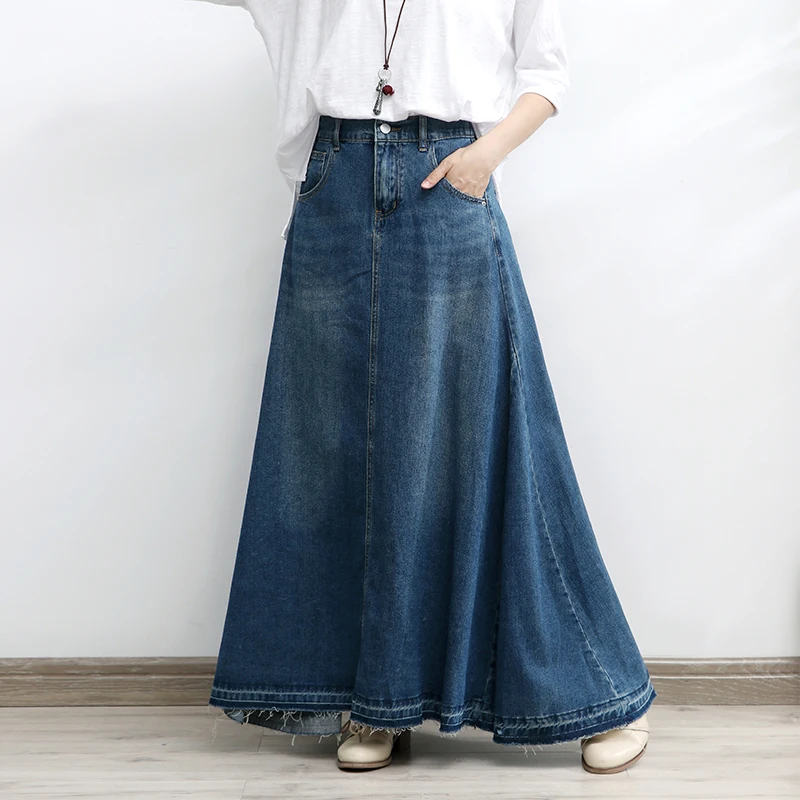 Top Trends: TIYIHAILEY 2023 Long Maxi A-line Skirt Women Elastic Waist Spring Autumn Denim Jeans Vintage Denim Big Hem M-2XL Shoppable Styles