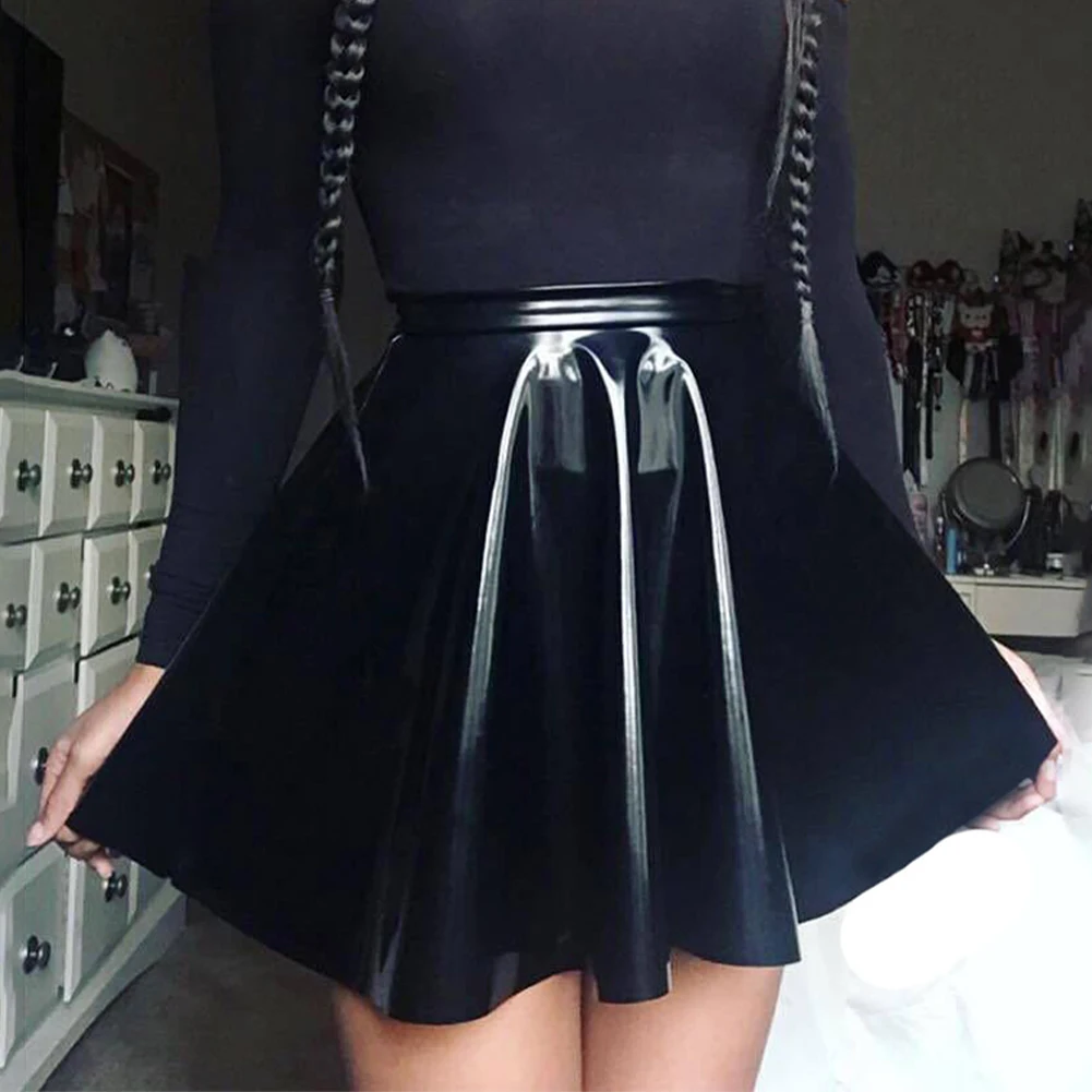 Top Trends: Women Sexy PVC High Waist Slim Leather Pleated Glossy Short Skirt Flared A Line Skater Skirts Clubwear Dance Female Mini Skirt Shoppable Styles