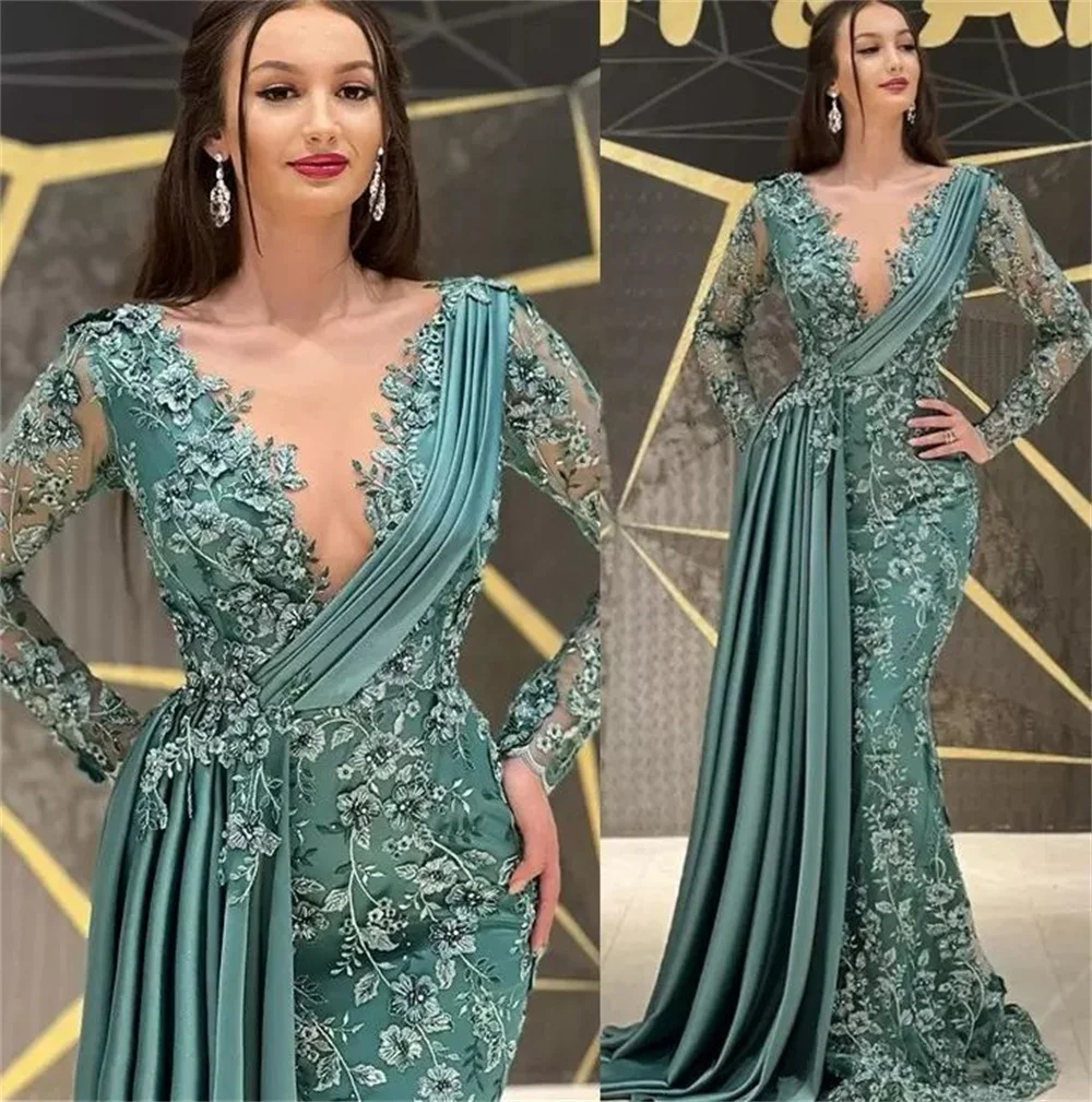 Top Trends: Glamorous Evening Dresses 2023 For Women Mermaid Illusion V Neck Party Ruched Lace Applique Stain Long Sleeves Women Formal Gown Shoppable Styles