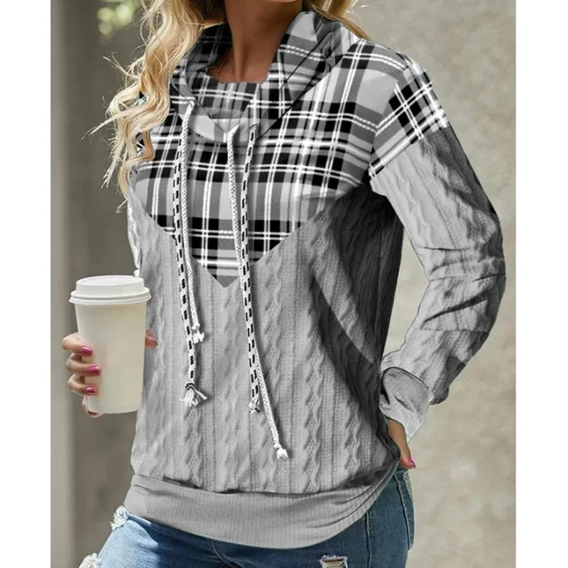 Top Trends: 2023 New Autumn Minimalist And Comfortable Patchwork Plaid Hooded Jacquard Long Sleeved Temperament Commuting Women&#039;s Sweater Shoppable Styles