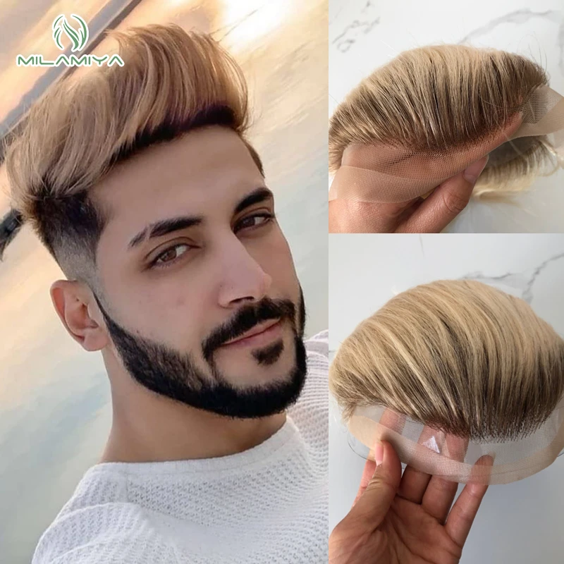 Top Trends: Men Toupee Lace And Pu Base Wigs Blonde Hair Lace Front Hair Systems Male Hair Prosthesis T4 / 613 Hairpieces For Men Hair System Shoppable Styles