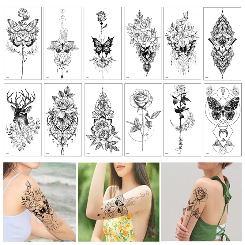 Top Trends: Temporary Tattoo Sticker Women Waterproof Black Rose Butterfly Fake Tattoo Body Hands Arm Leg Flowers Tatouage Temporaire Femme Shoppable Styles