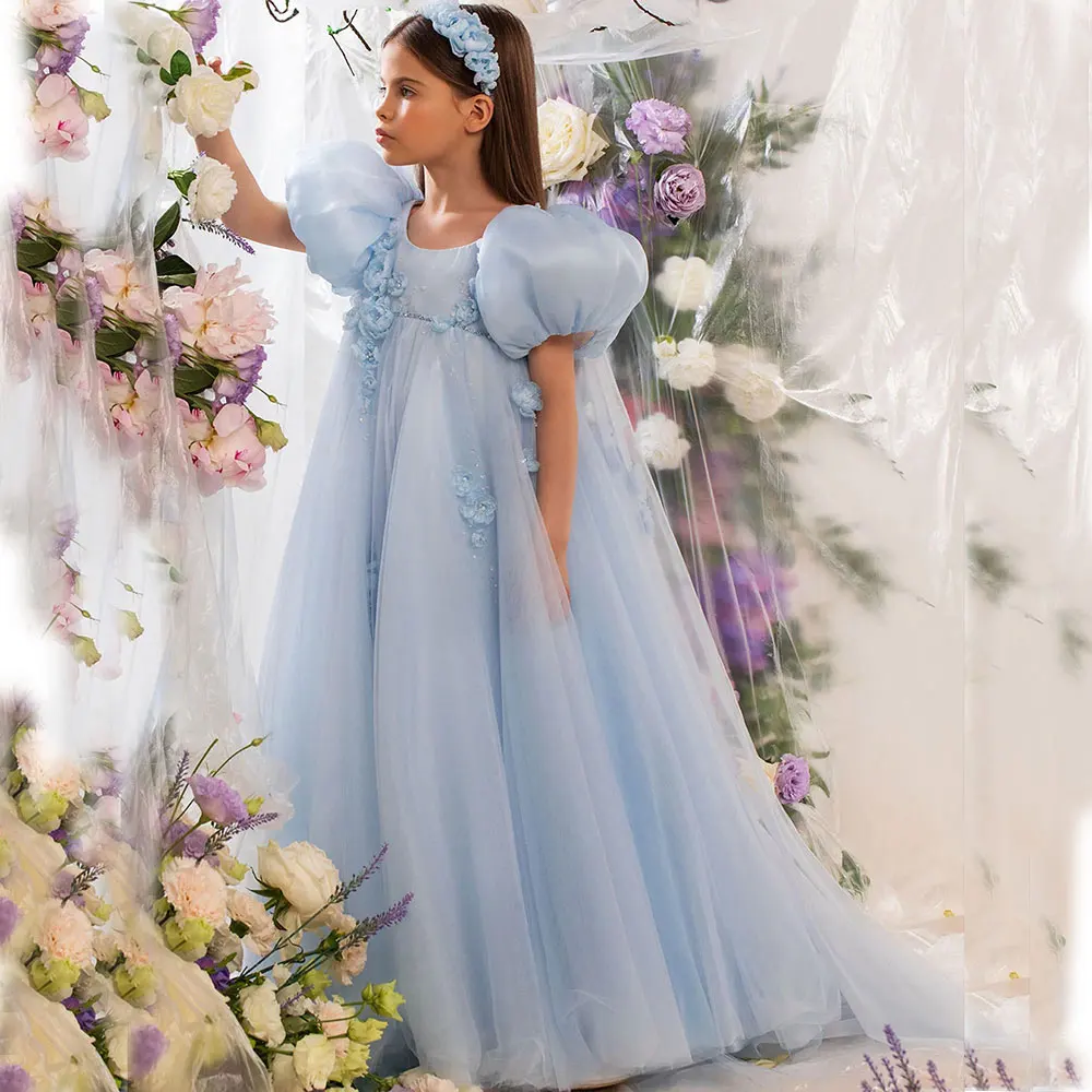 Top Trends: Jill Wish Sky Blue Arabic Flower Girl Dresses Crystal With Cape 3D Flowers Puff Sleeves For Kids Wedding Birthday Party J098 Shoppable Styles